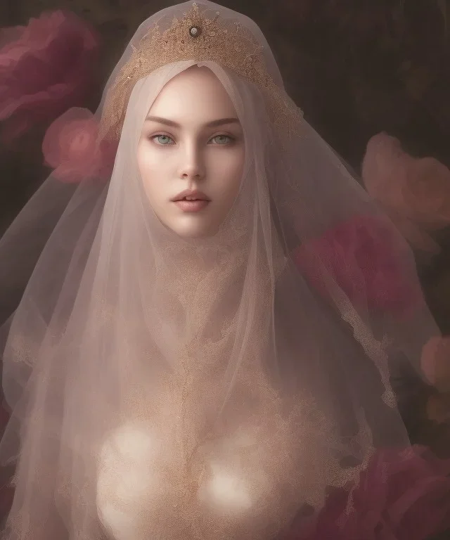 veil head Muslim Princess, covered chest, black eyes, no top with roses, 8k resolution