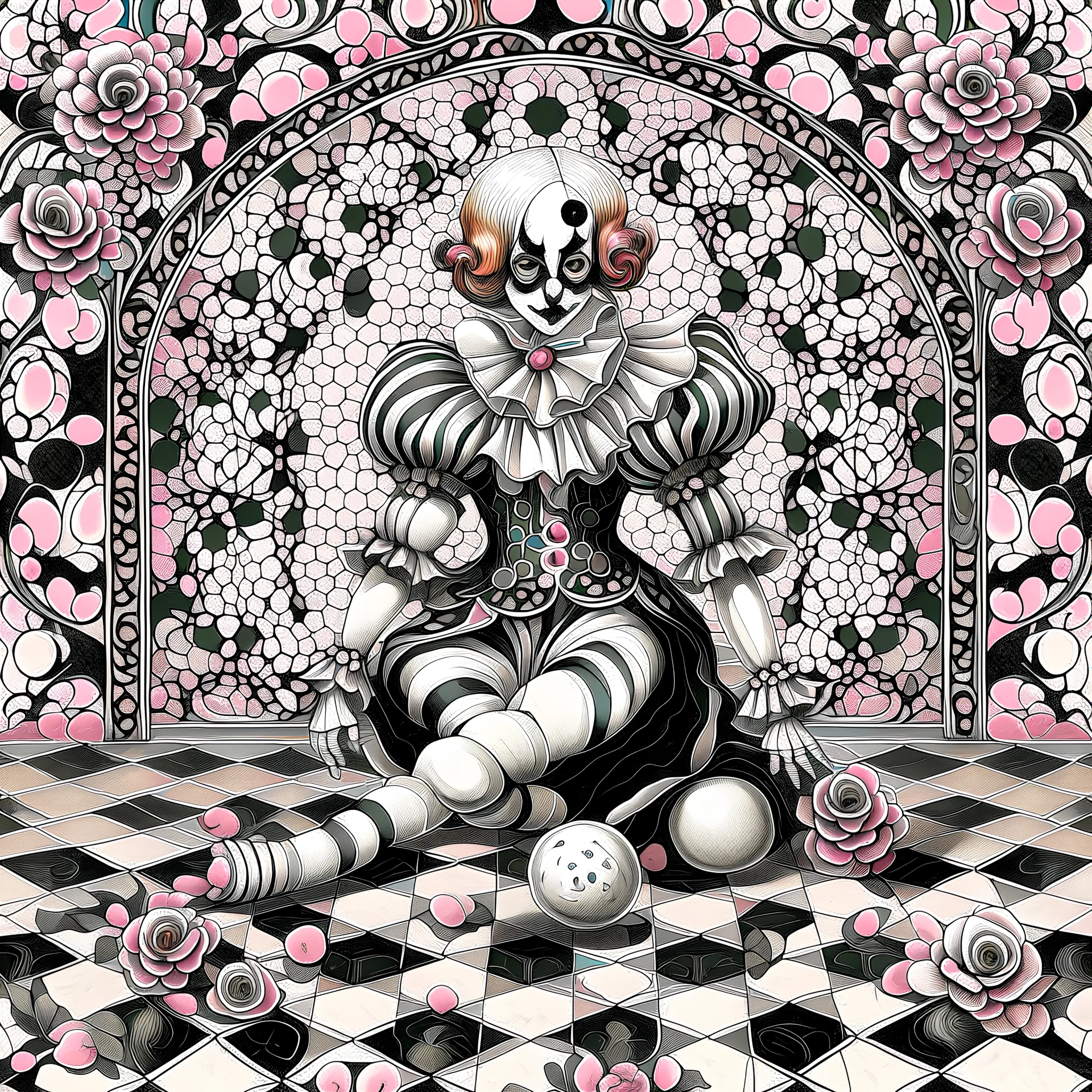 Storybook illustration of a Pierrot Clown, black and white with pink accents, Beardsely style, art nouveau elements, vintage drawing, pierrot vintage, black and white marble floor