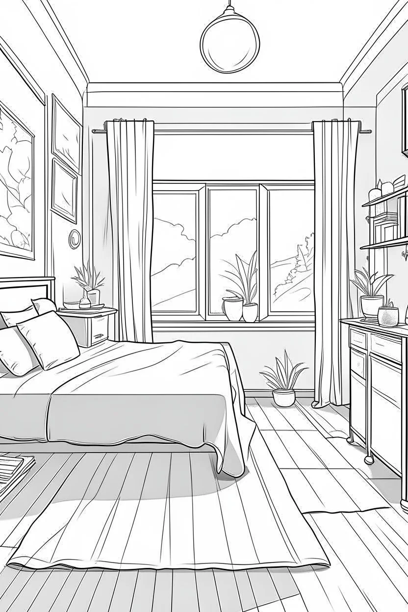 Outline art, house interior design, bedroom, no shading, no lines, cartoon style, --ar 9:11