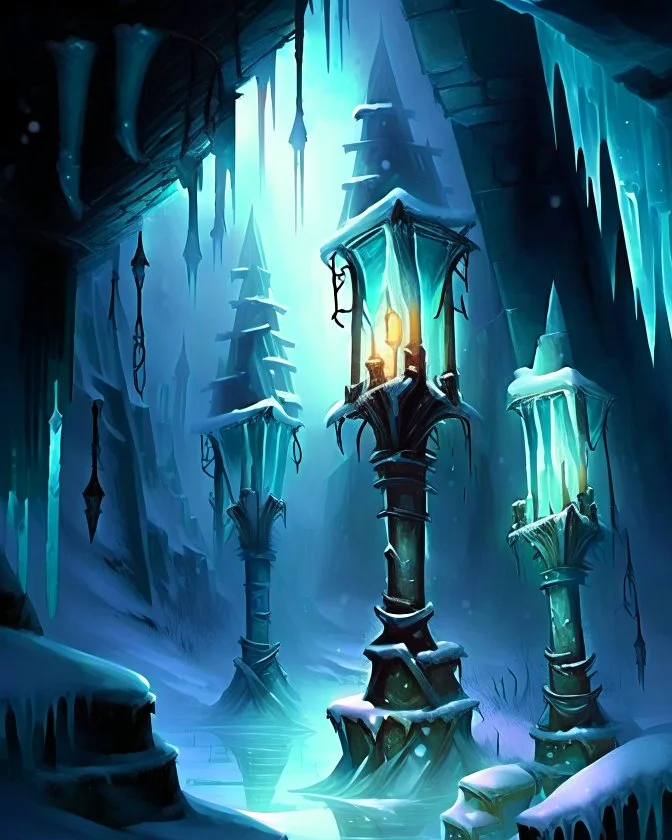 ice dungeon with lamp posts fantasy rpg art painterly