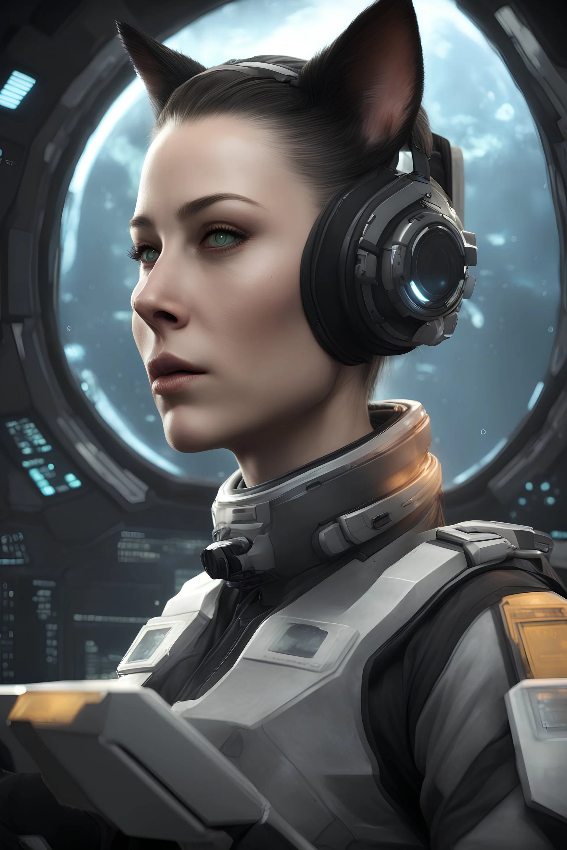 Scientist in Expedition suit, eve online style, no helmet, goggles, watching a data pad, has kitty ears, female