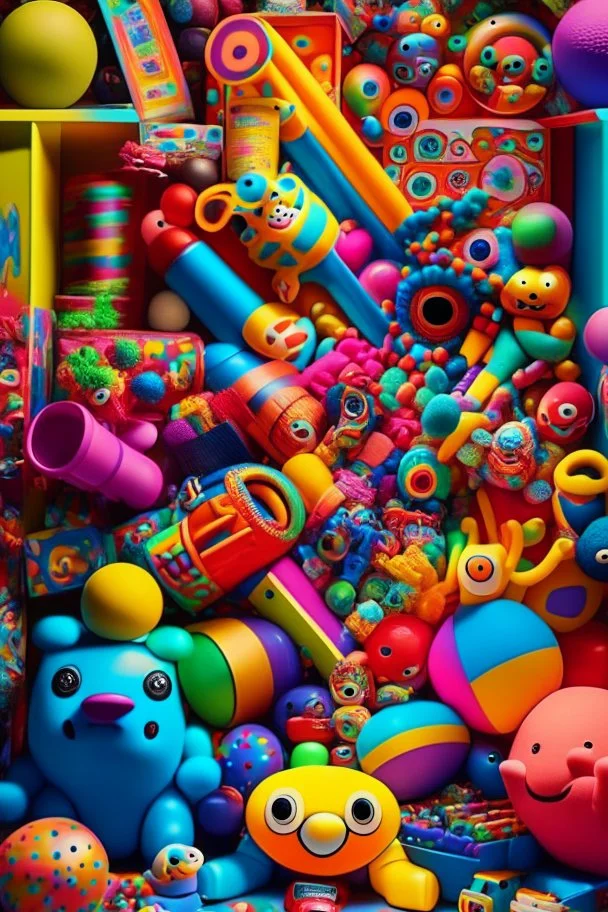 A (((vibrant showcase))) overflowing with an array of colorful ((toys)) that perfectly capture the exuberance of childhood fun