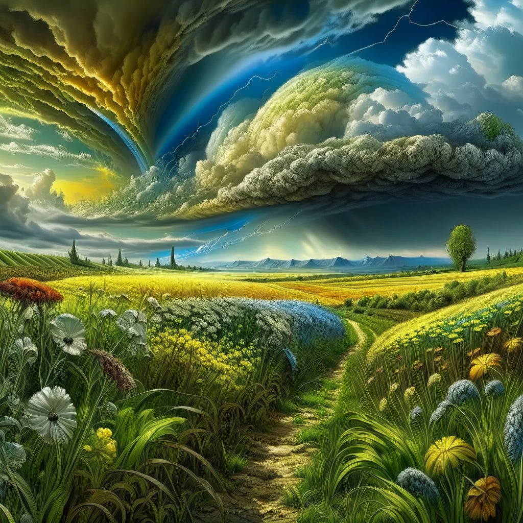 A collaboration between Salvador Dali, Vincent Van Gogh, and Jean Baptiste Monge. Swirling rainbow storm clouds over a vast field of long grass and plentiful flowers swaying in the winds. Modifiers: highly detailed elegant extremely detailed fantasy intricate high detail fantastic view close up ultra detailed