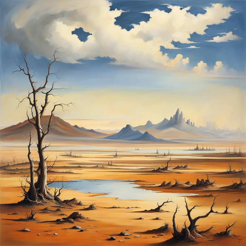 clouds, arid land, distant mountains, dry trees, pond, Yves Tanguy