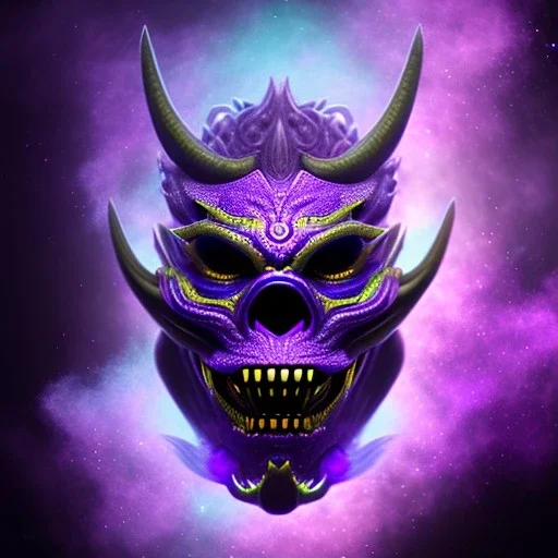 oni purple mask in galaxy, teal and purple smoke, detailed, realistic, 4k