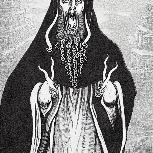 Nosferatu with a tentacle beard and fangs as a Russian Orthodox