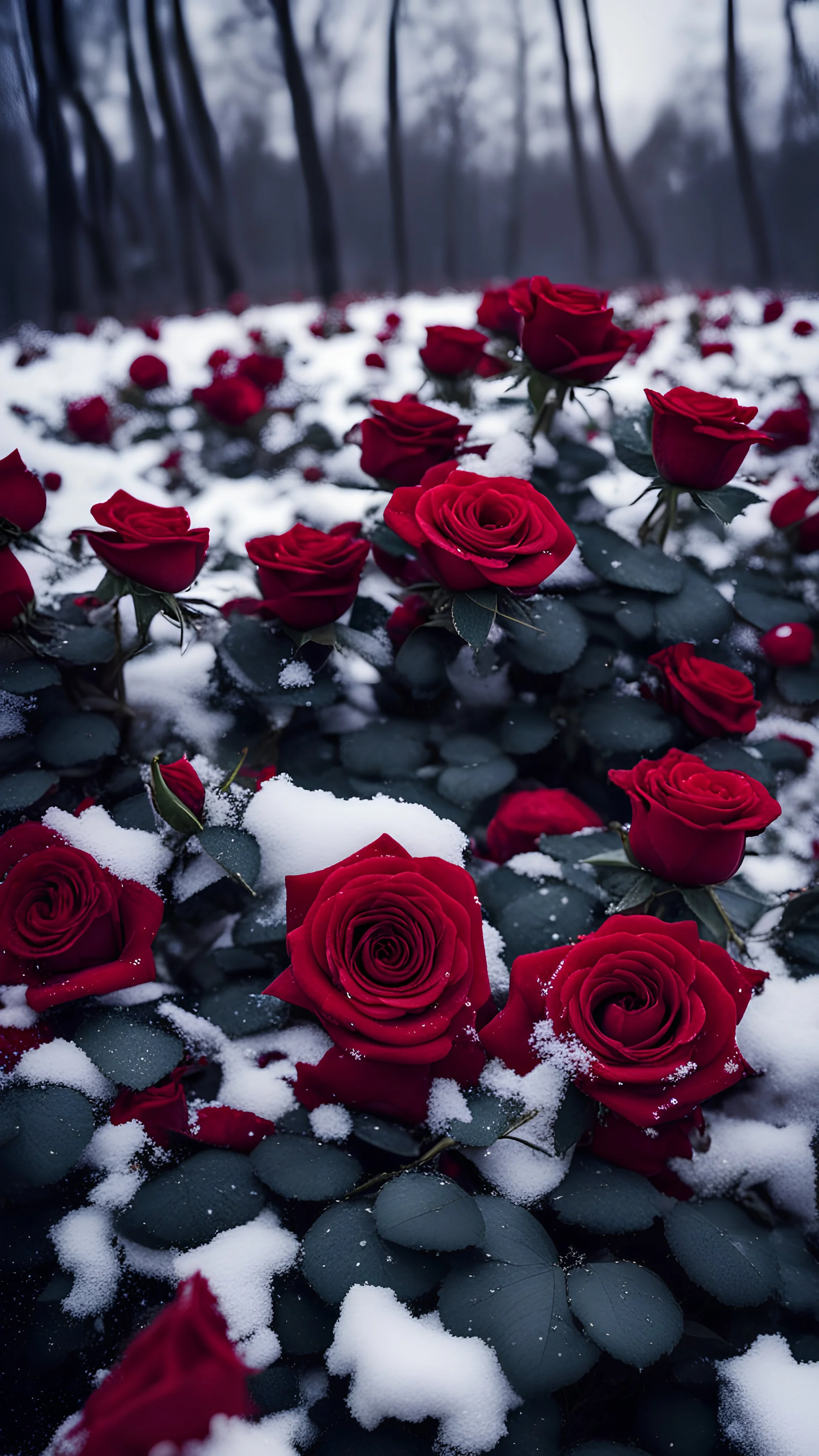 red roses on the ground. Above the roses is a diamond crown. The floor is covered with snow and roses.cinematic photo