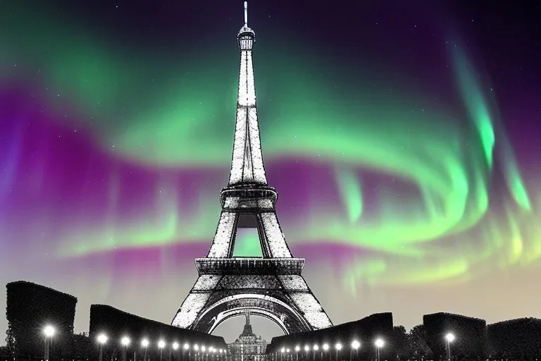 Eiffel tower but bigger and made from diamonds , aurora & flying cars