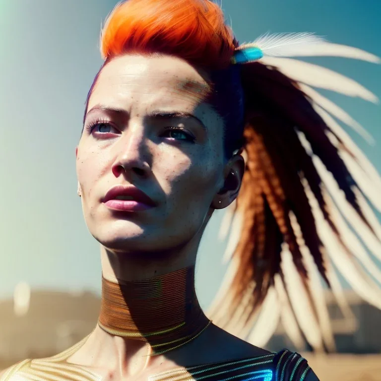 A beautiful portrait of a cyberpunk woman with lot's of grain on her skin red head with hair flying in the wind cyborg smiling facing camera orange color scheme, high key lighting, volumetric light high details with white stripes and feathers unreal 5, octane render, cinema4d, dynamic lighting, dramatic lighting, 4k, redshift render, highly detailed, hyper realistic