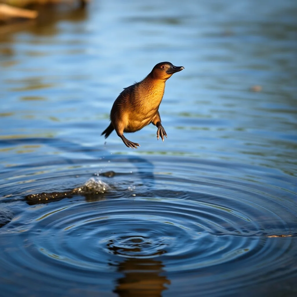 fast shutter speed digital photography, duck billed platypus in mid air jumping into a small river pool, stunning nature photography,