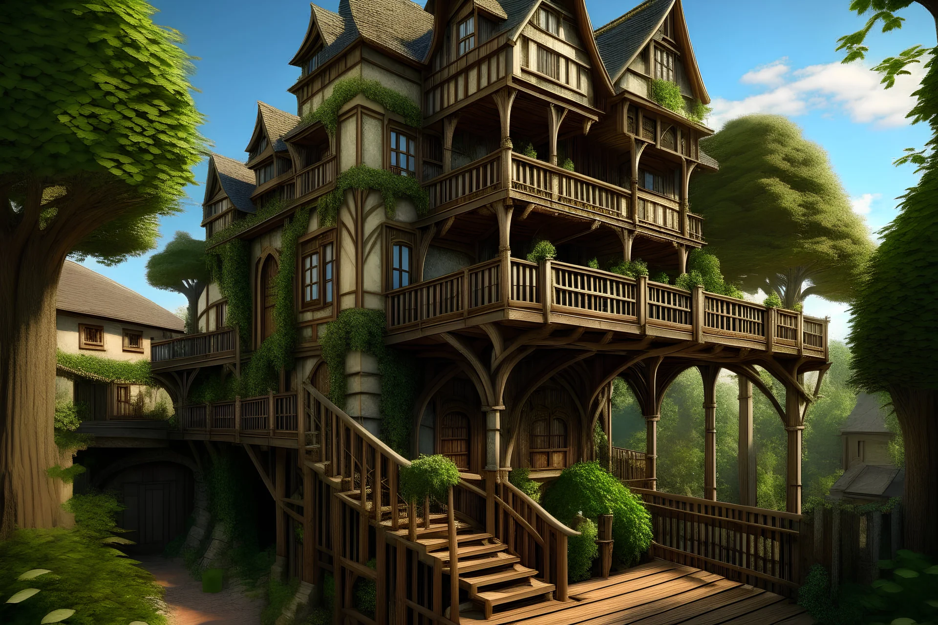 large medieval gothic, treehouse inn, with a balcony, next to a sloping, cobbled road, in a wood, dense foliage, photo-realistic