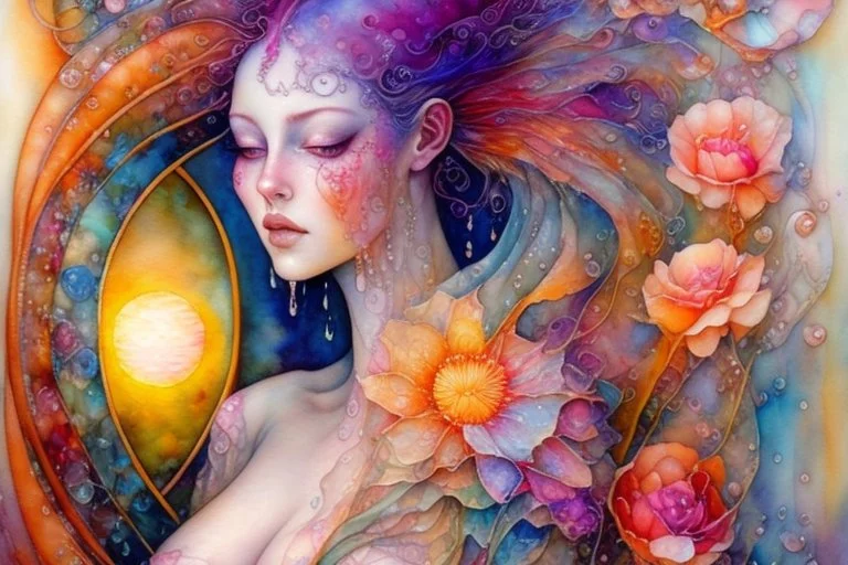 woman in bubblebath, wet on wet + sunrise, petals, watercolor patchwork by Daniel Merriam, Josephine Wall. elegant beautiful watercolor aquarelle