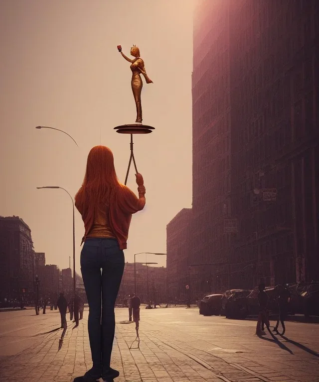 Statue of Queen of photography. Cute blonde woman. Photographer in golden crown. Standing on the street. Big camera in her hand. hyperdetailed, photorealistic, trending on artstation, greg rutkowski, beksinski, kodachrome, lomography, golden hour, bokeh, volumetric light