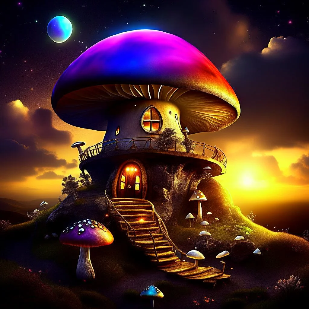 A unusually pretentious rainbow glowing, (((mushroom cottage))) erected atop a (grassy cliff), surrounded with imaginative (((spiraling space))), contrasted by the stark hues of a (nebulous space scape), . captured by the hand a skilled master painter with a focus on (softly textured compositions and voluminous lighting).