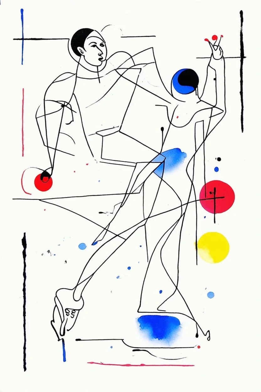 Reprezentare grafica moderna figurativa cu simboluri ,minimal art similar cu desenele lui Picasso , a unui desen facut de un autist , reprezentand o patinatoare pe gheata , în stilul combinat acuarelei umede a lui Joan Miro si cu filigran lineart minimal a lui Jean Cocteau cu Paleta de culori impresionista cu culori putine si tari. Fond alb si linii color subtiri si paralele, cu umbre de lumina cu hasuri incrucisate