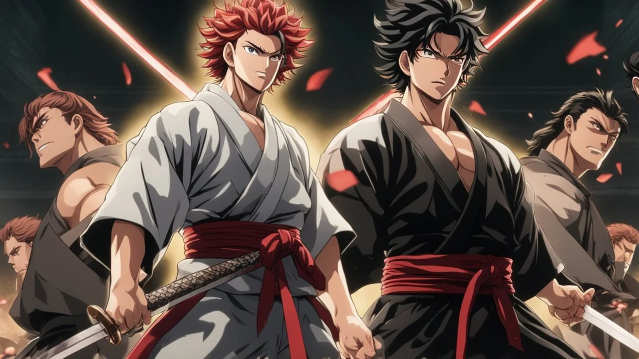 yujiro hanma vs yoriichi tsugukuni, baki vs kimetsu no yaiba, two mans standing in front of each other, a big strong man in black shirt with red hair and evil grin in martial art's stance with bare fists facing a smaller feminine swordsman with long hair and calm face reaching for his sword in traditional japanese clothes both preparing to fight each other