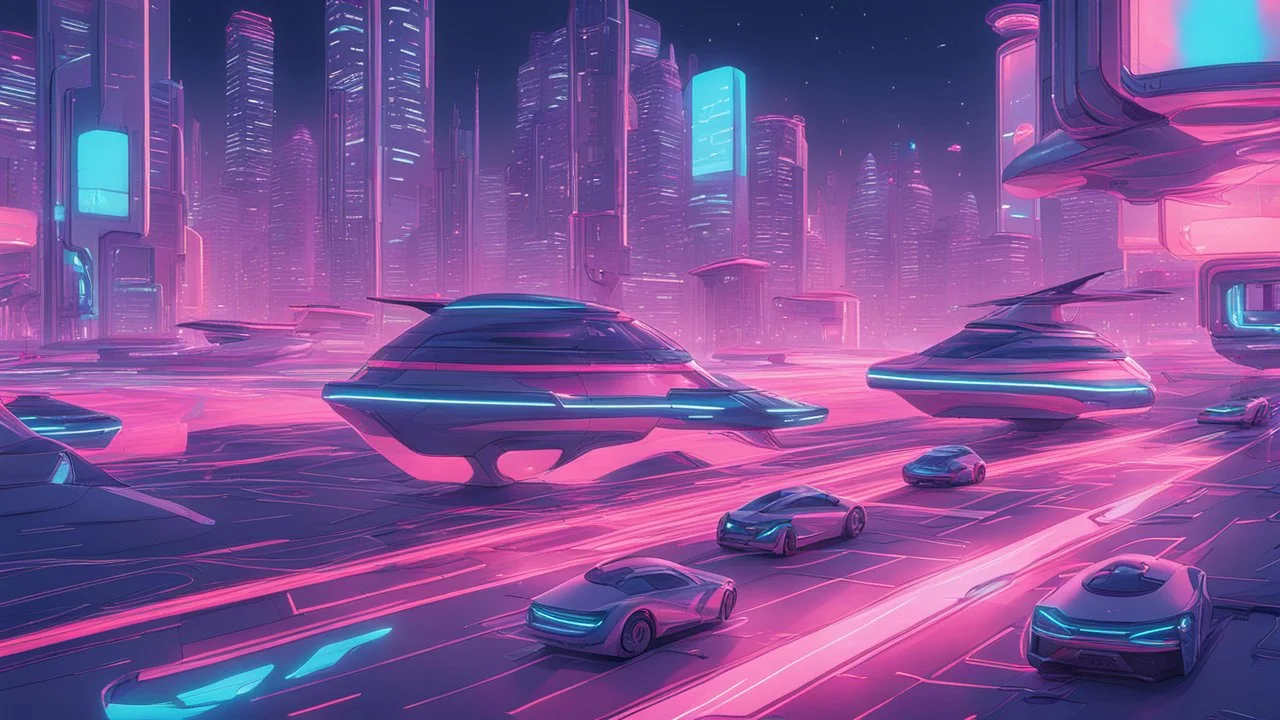 A futuristic cityscape at night with neon lights and flying cars.