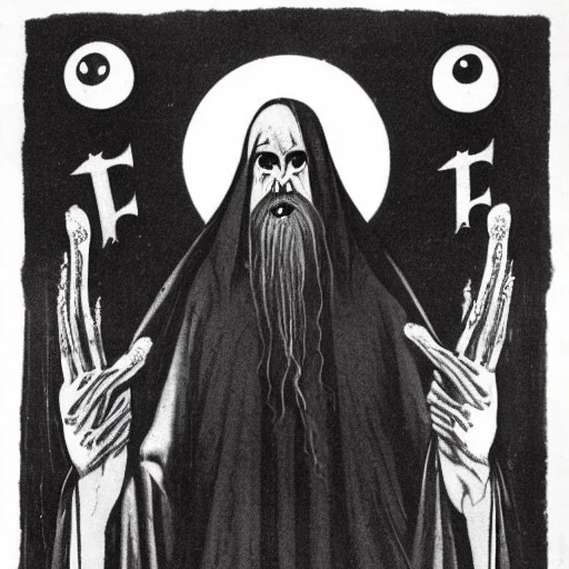 Russian Orthodox nosferatu with five eyes and tentacle beard and long arms and fingers