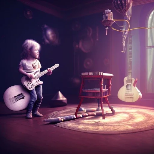 3d render, Alice Cooper toddler, full body, guitar, dramatic lighting, volumetric lighting, music studio background, hyper realistic, unreal engine 5, 8k, UHD,