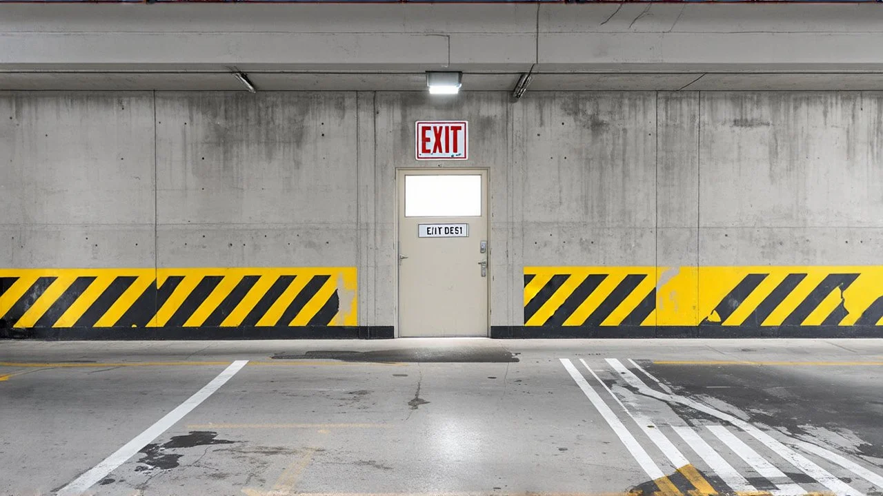 wall design for parking garage, concrete, yellow painted hazard lines, weathering and water stains, in middle is an exit doorway with small window, with a sign is above. rough painted hashmarks and parking lines, add signage found in a parking garage.
