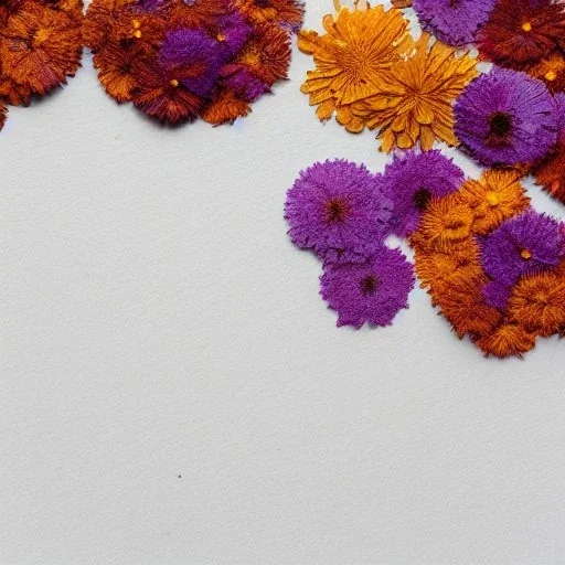 circle arrangement of small dried flowers on white textured paper, aesthetic layout, beautiful composition, vintage, brightly lit, tender, bold colours