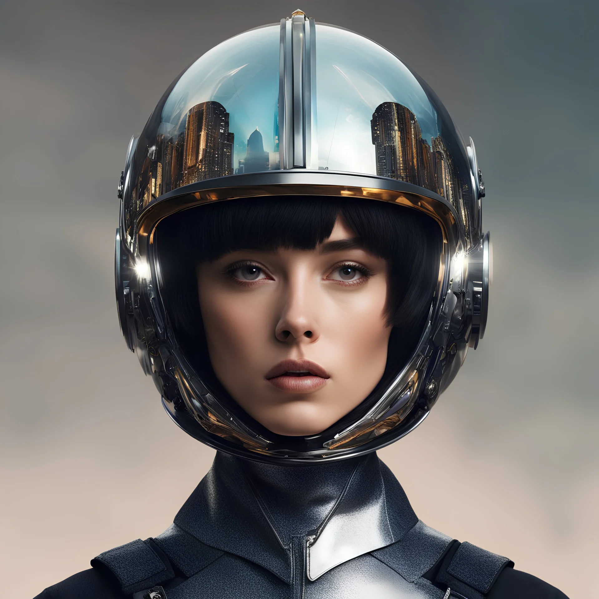 8k, surrealist collage, girl with shiny helmet ((short hair)), extremely detailed,