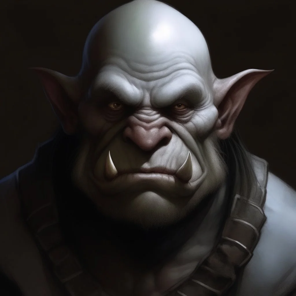 dnd style dark fantasy medieval ogre head heavy deformation, white skin. mugshot. oil painting.