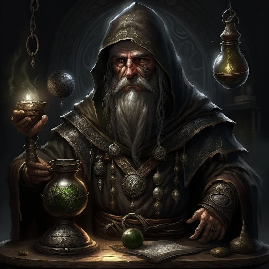 A hardened celtic industrial era mage alchemist grimdark realistic