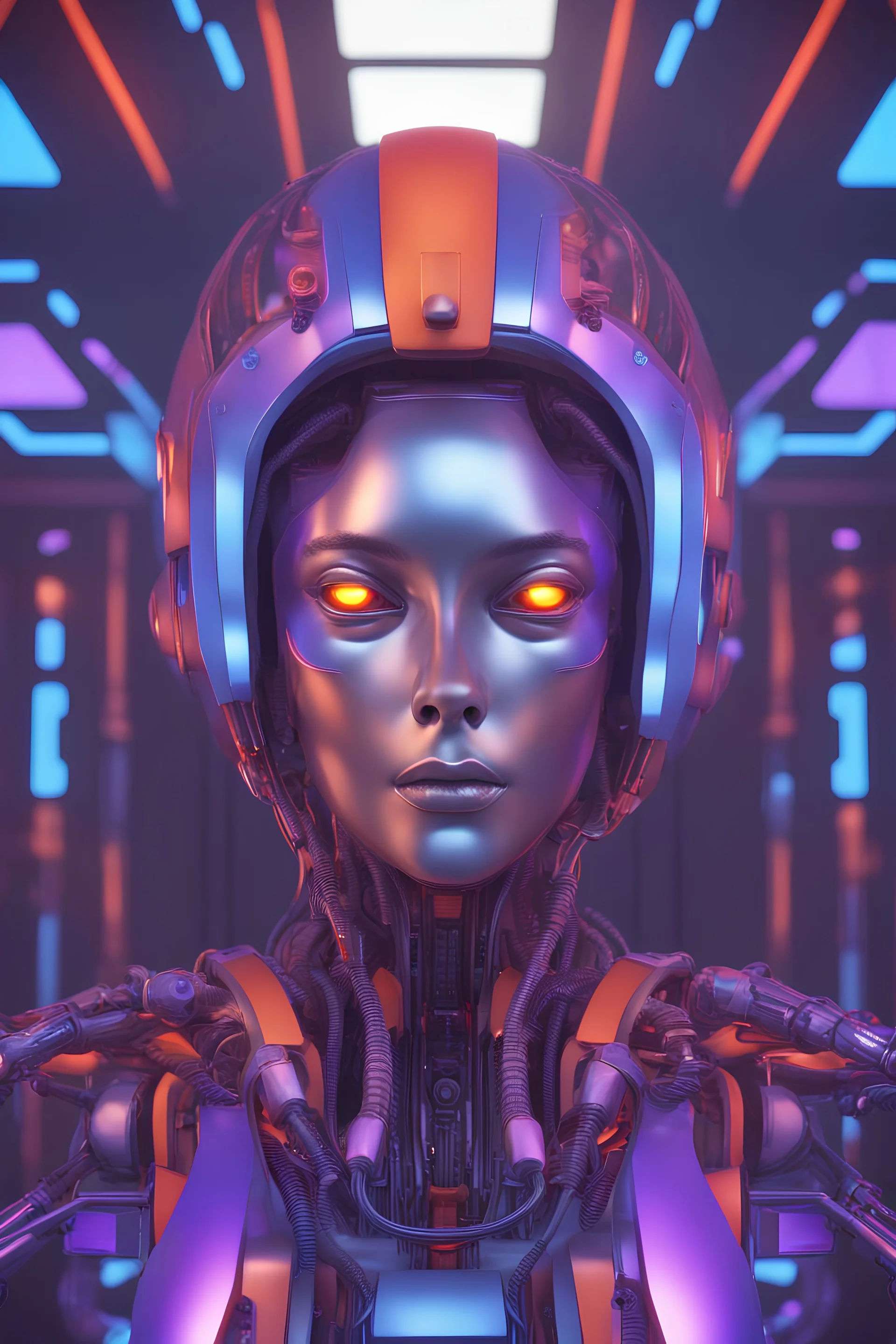 une atmosphère futuriste avec une tete de robot en gros plan en 3d composant les couleurs rouge, orange, violet et bleu