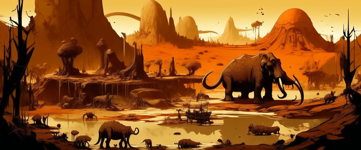 A brownish bronze prehistoric wasteland with dinosaurs, mammoths, and tar pits in abstract art style