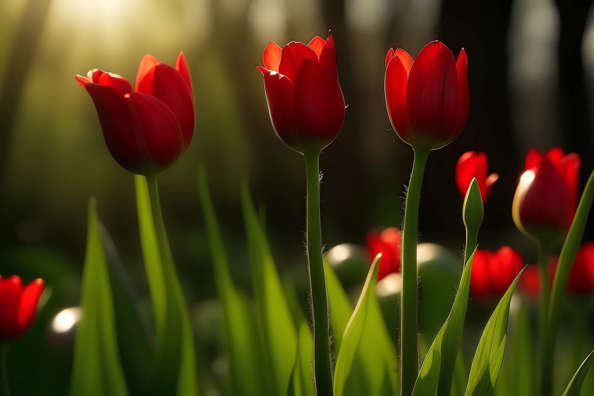 Prompt A few red tulip with a few branches of a small red tulip close to me and the sunlight