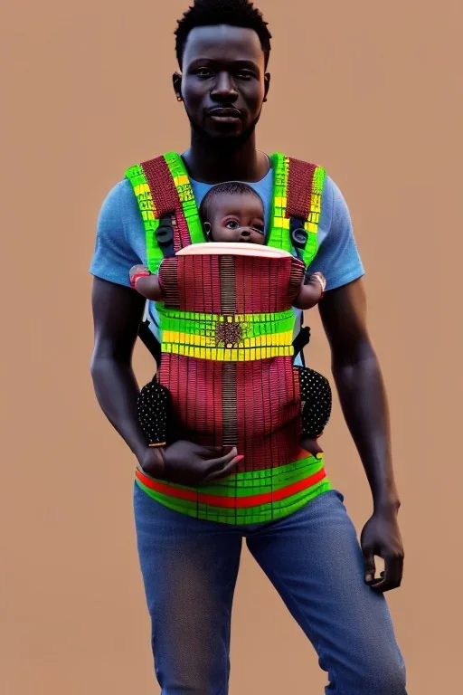 futuristic baby carrier in Kente, rusted clocks eyes, cinematic, scaffolding, ghana flag, african pattern symbols, black star, engraved, 8k quality