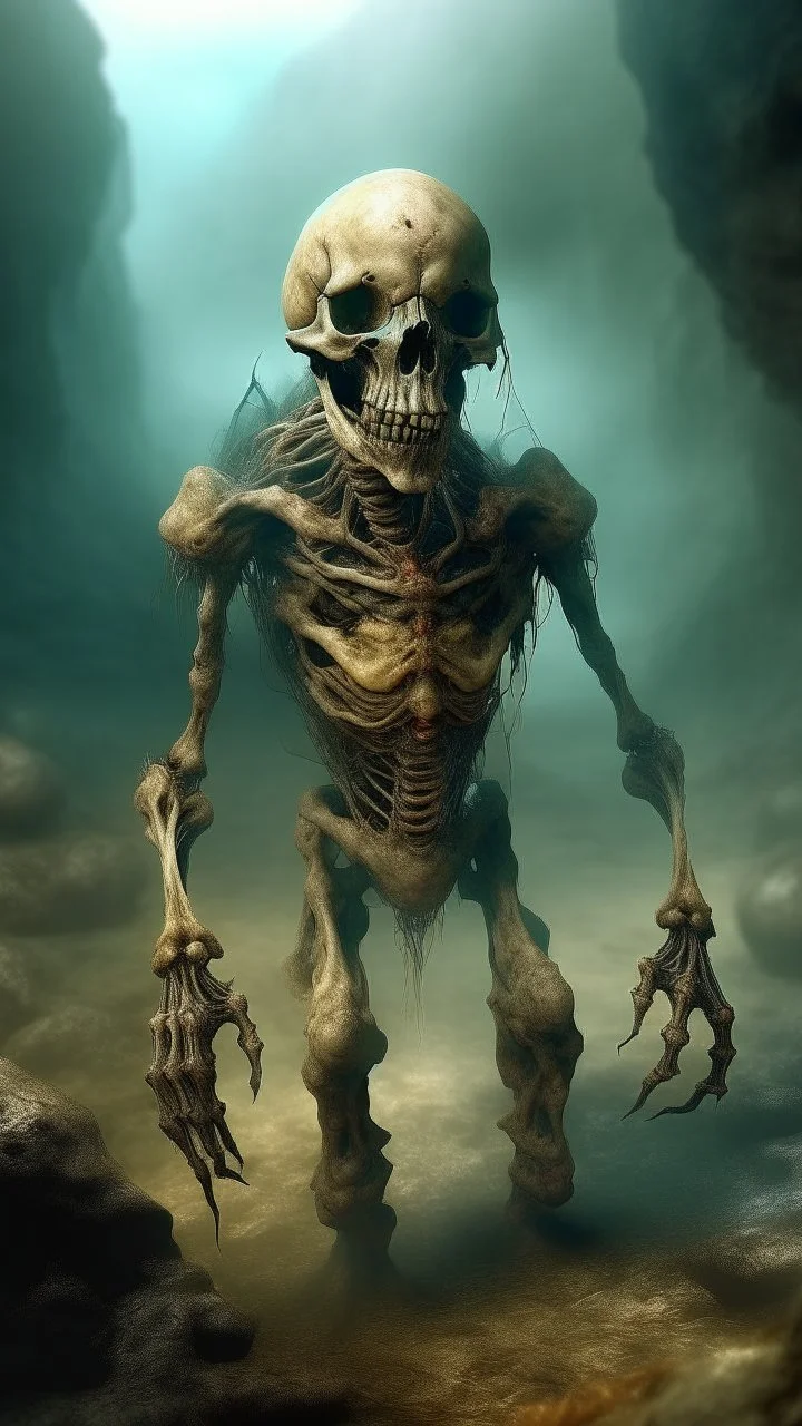 A creature with skull covered with thick layer of corrosion standing , Bosch painting style , of a nightmare , hyper photorealistic, hyper detailed dark art color, high resolution, fog, octane render, tilt shift, HDRI Environment, all pictures dark of a cave in the background