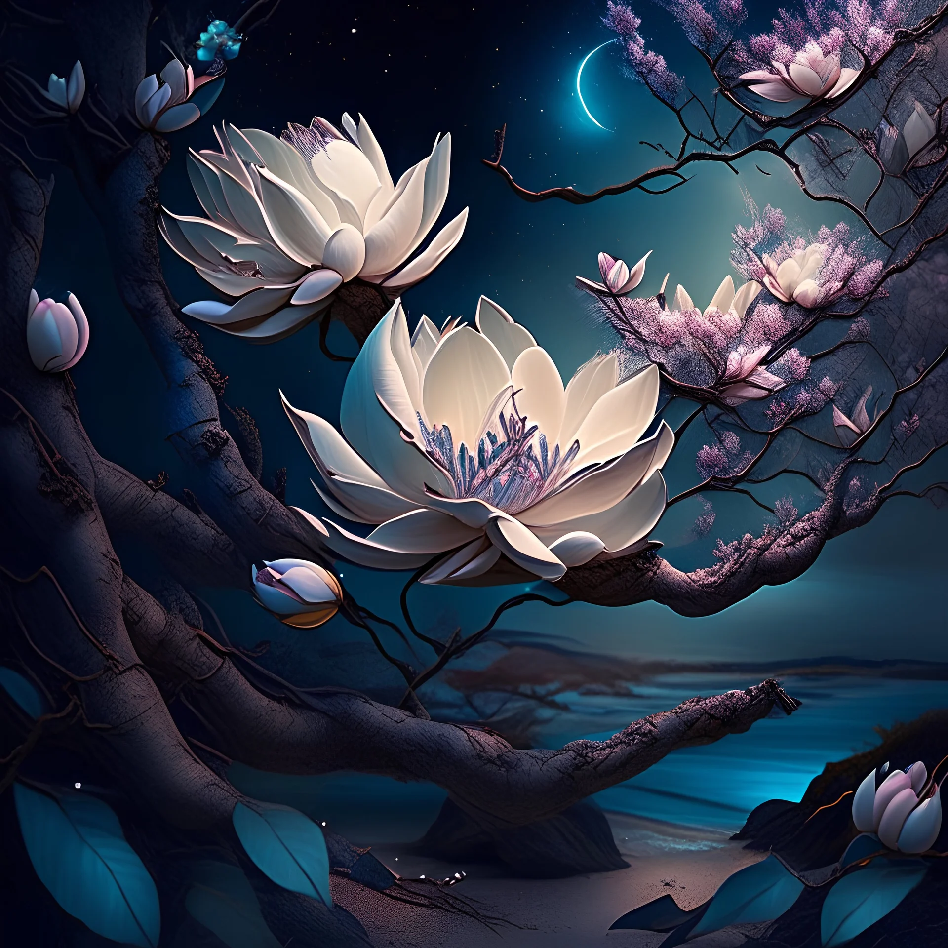 create some magnificent and natural magnolia flowers in branches of a magic forest . The landscape is infinite, with neptune in the horizon