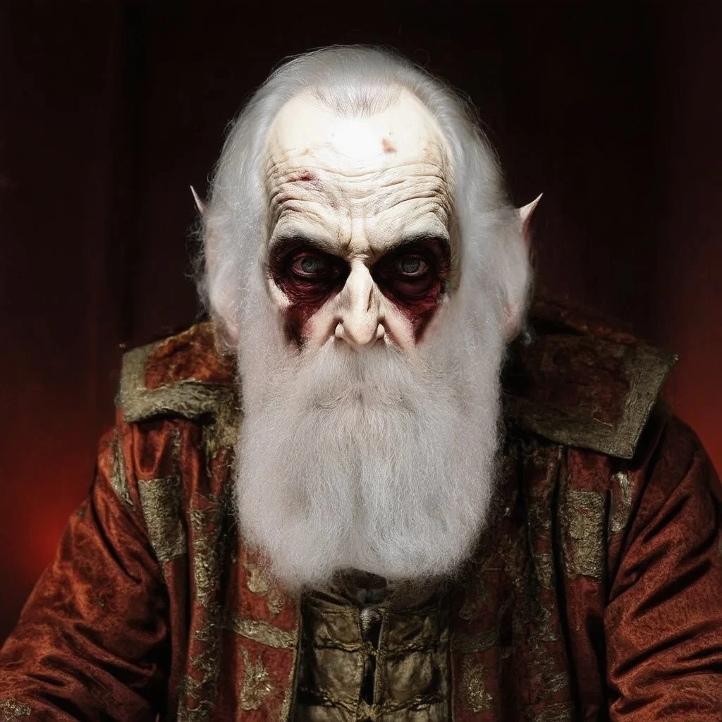 very grainy discolored modern photo, closeup portrait, dark ancient hall with no lights, grunge, extremely old male with chalk-white skin wearing old dashing and opulent gilded clothes, threatening, imposing, nosferatu