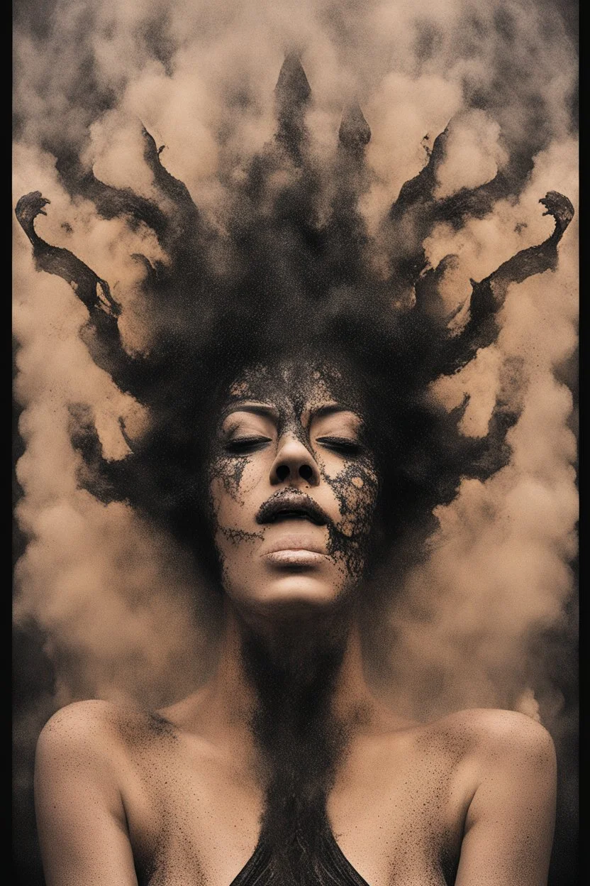 Double-masking photography, an angry goddess formed from the smoke of a 2005 dodge ram slt cummins pickup truck, goddess Earth crying, from the smoke exits a 2005 dodge ram slt cummins pickup truck , black smoke, fire, acid rain, by Dan Mountford, by Dan Hillier, negative space, intricate details, photo illustration, 100 mm lens, cinematic scenes, ink art, blink-and-you-miss-it detail