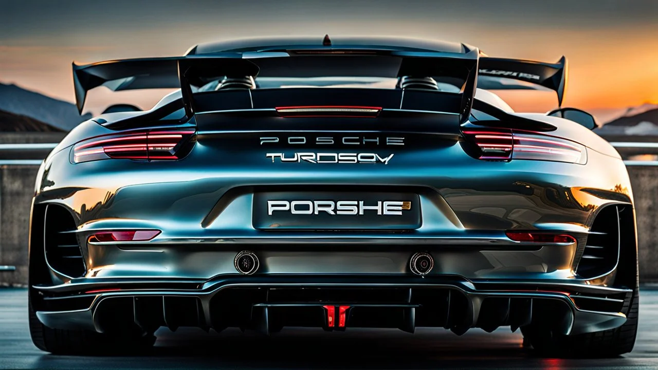 Rear View A stunningly realistic (((porsche turbo S x mansory))), intricate detail and perfection in every surface, glimmering metal and luxurious contours, a (perfect model) for a desktop wallpaper fit for high resolution screens, evoking a sense of futuristic elegance in a (4K cinematic atmosphere).
