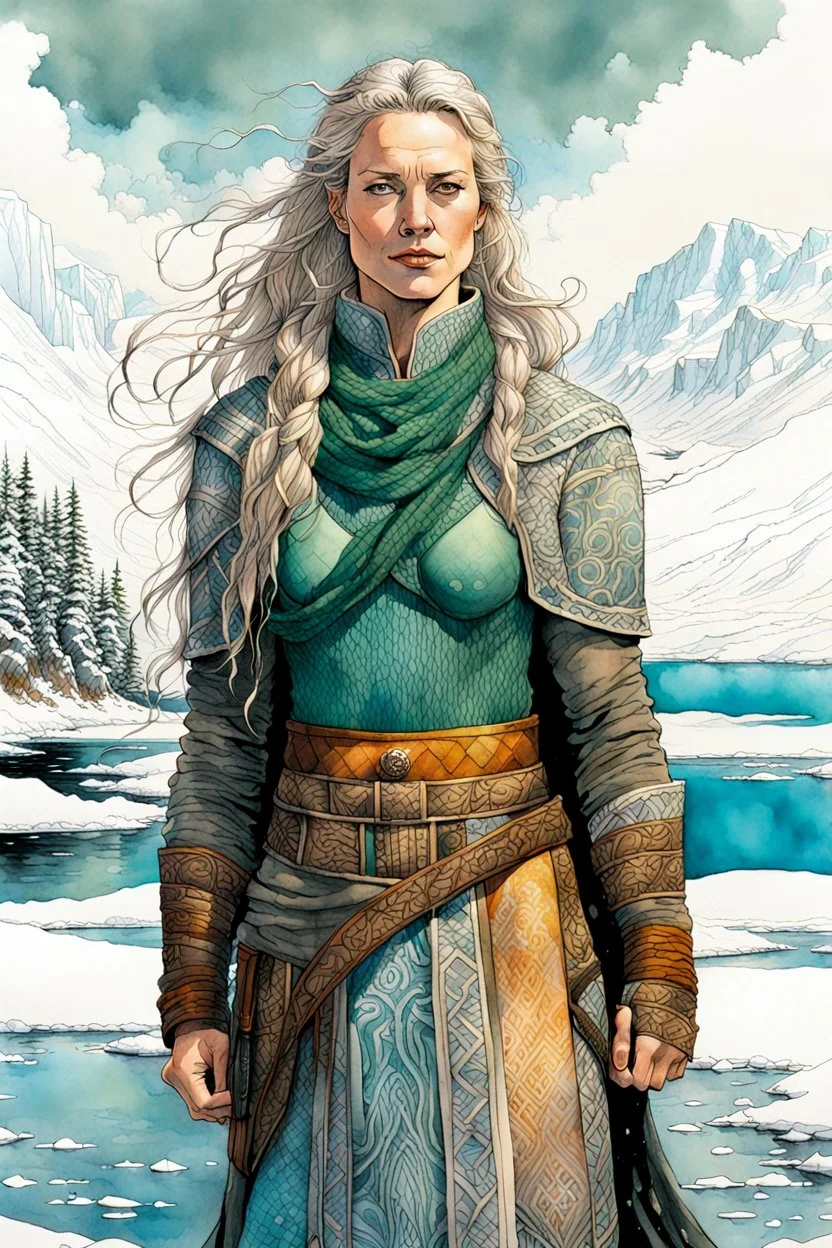 create an ink wash and watercolor full body portrait of a pale female Norse tribal mercenary, with highly detailed, delicate feminine facial features, inhabiting an ethereal Northern winter fjord land of pristine blue waters, in the comic book style of Jean Giraud Moebius, David Hoskins, and Enki Bilal, precisely drawn, boldly inked, with vibrant colors