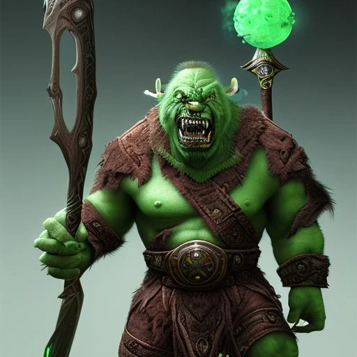 orc enchantmenter, Height 200cm, Weight 150kg, Skin color green, Has predator-like eyes, fangs, and claws. He holds a magic wand by both hands. He kills humans with ferocious accuracy. His intelligence is equal to that of a human. Wears robes of crude cloth