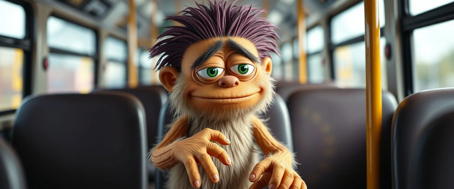 close up portrait of hairy fluffy polymer clay cute happy worried monster with realistic human colored and textured skin, and long sleek limbs and with studio lights, on the buss, talking to his aunt