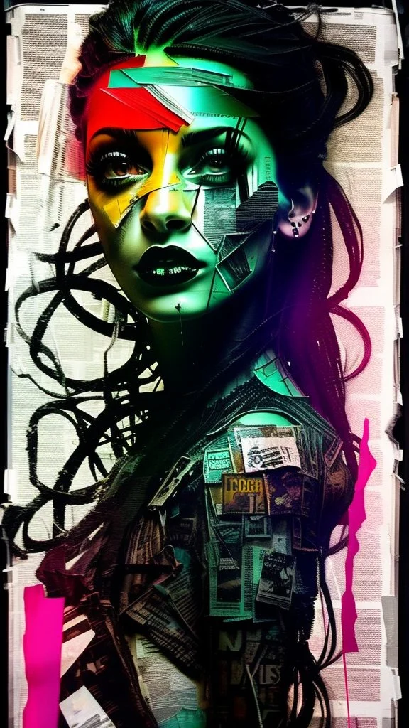 Russ Mills, byroglyphics style art, backdrop, mixed media, broad energetic brushstrokes, palette knife, chaotic collage, cardboard, newspaper, torn paper, gauze, broken glass, graphic image, vibrant natural color, intensely passionate, full body, eerie, slim Goth punk woman with long braided hair of Spanish and Lebanese heritage, beauty in chaos