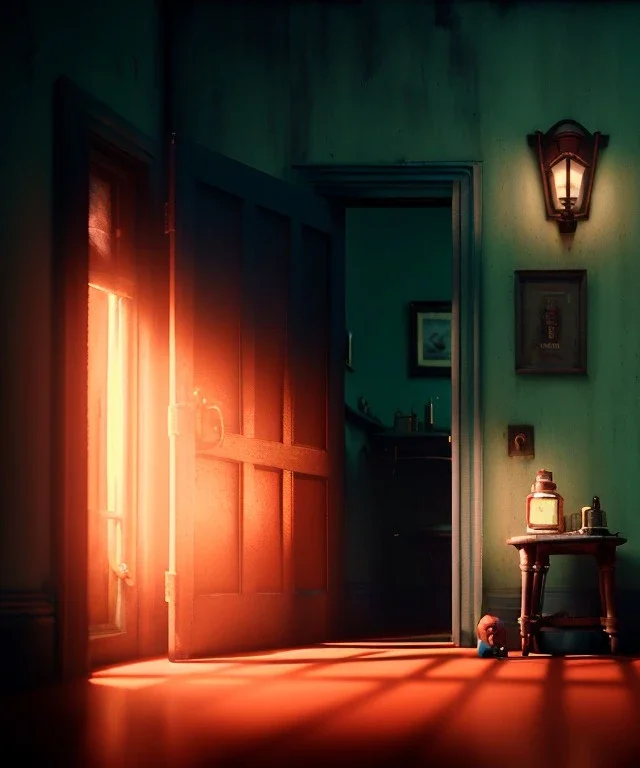 Wes Anderson photographer, night, monster peeking behind the ajar door, Ultra realistic, punk style, wide angle view, soft color, highly detailed, unreal engine 5, ray tracing, RTX, lumen lighting, ultra detail, volumetric lighting, 3d, finely drawn, high definition.