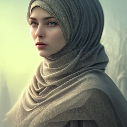 close up portrait of fog as woman in hijab, fine detail, highly intricate, modern surrealism painting, defined cracks and breaks, high-quality, volumetric lighting, 8k, ultrahd, George Grie, Marco Escobedo, Igor Morski,Brian Froud, Howard Lyon, Selina French, trees, flowers, quran