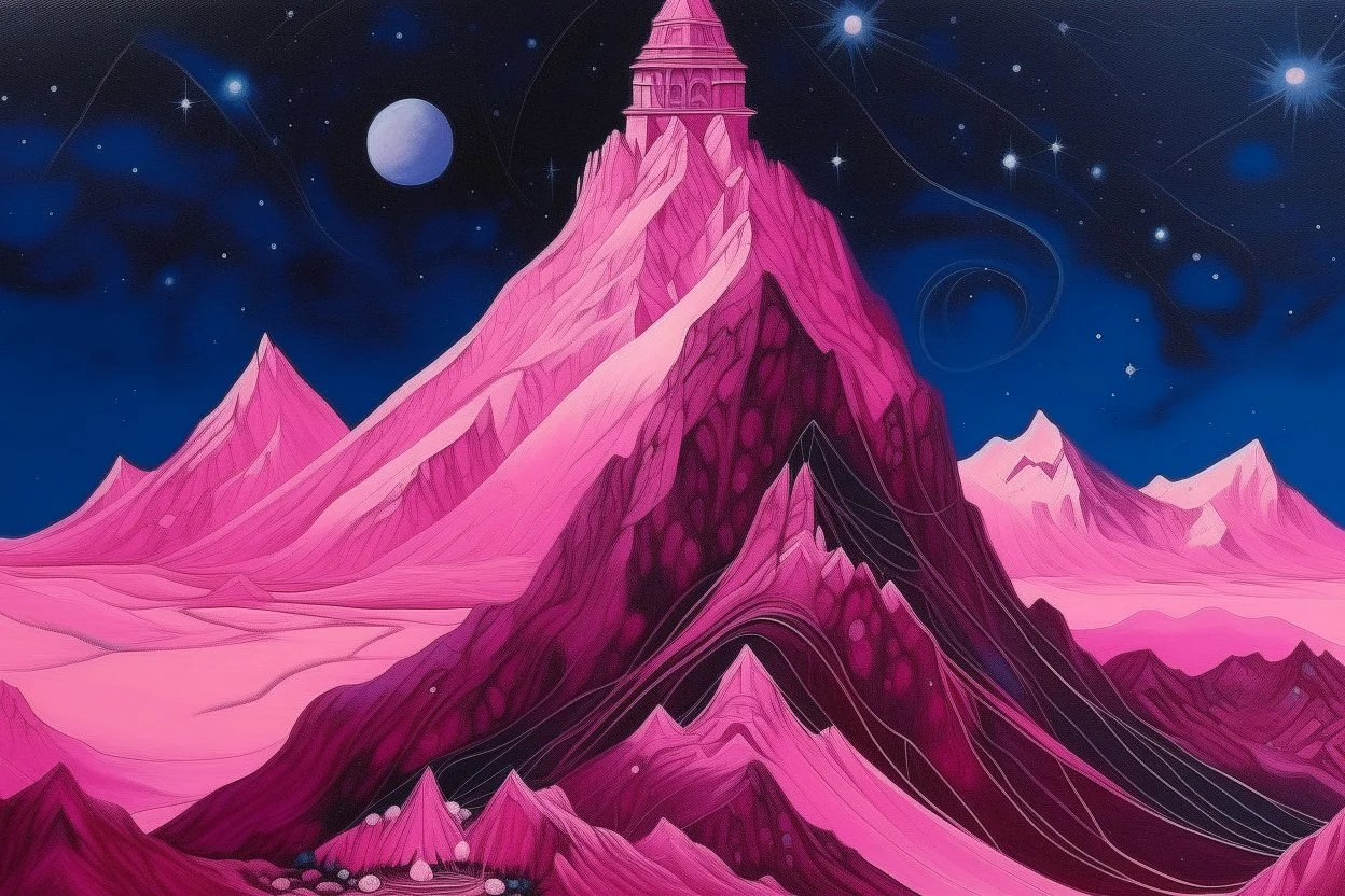 A purplish magenta Swedish mountain under the stars and planets designed in ancient Egyptian architecture and sculptures painted by the Limbourg brothers