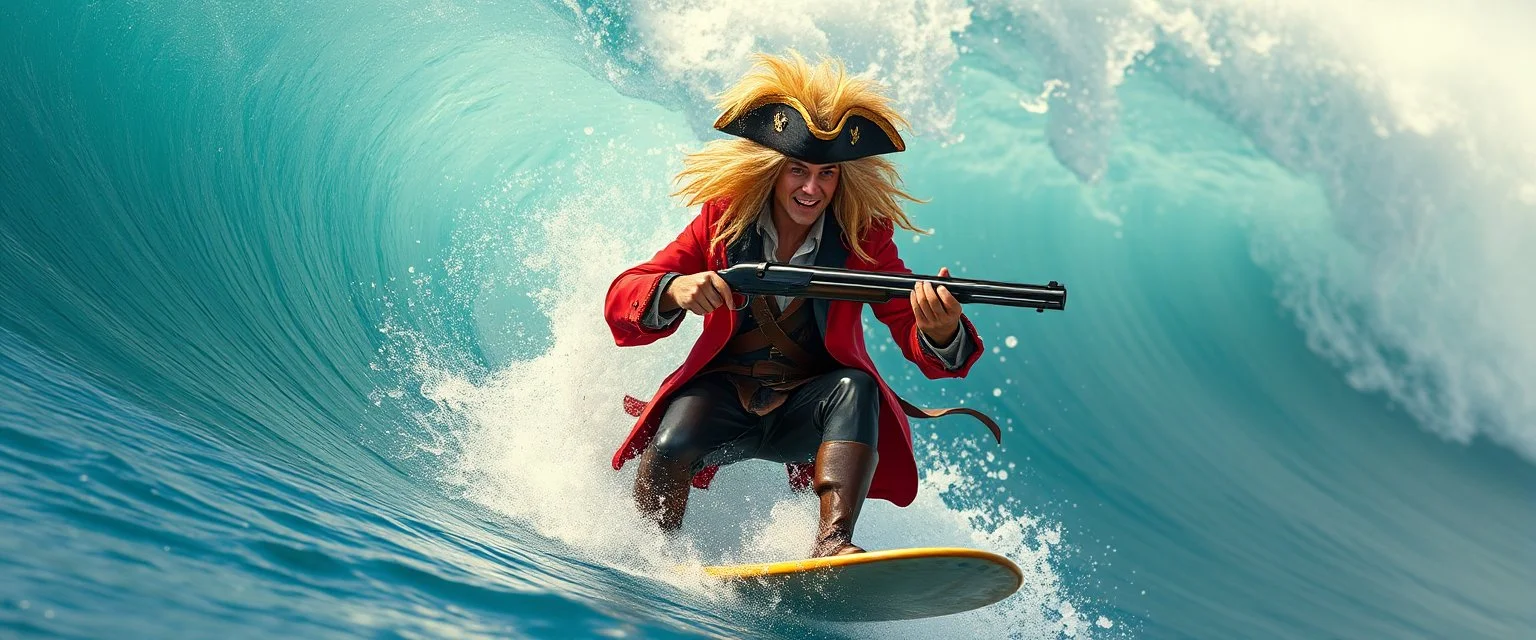 pirate shotgun mozart playing with his wig, looking hot and crazy on a surfboard on a big wave