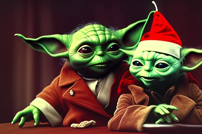  baby Yoda wearing a Christmas hat in a jazz club. 1960's photo real