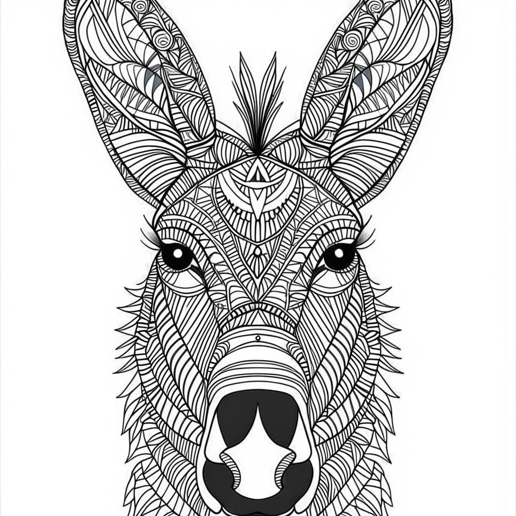 Donkey front face view, cartoon, mandala, white back ground color, real style, realistic, minimalistic, minimal black line art, line art, crisp line art, unique coloring sheet, outlined, outline, crisp, crisp line edges, illustration, thin lines, crisp clear lines, line art, clean line art, unique, 8k, amazing, masterpiece, no colors, no dark color, no black color, avoid thick black, minimalistic line edges, pure white back ground, image character full fit to page,