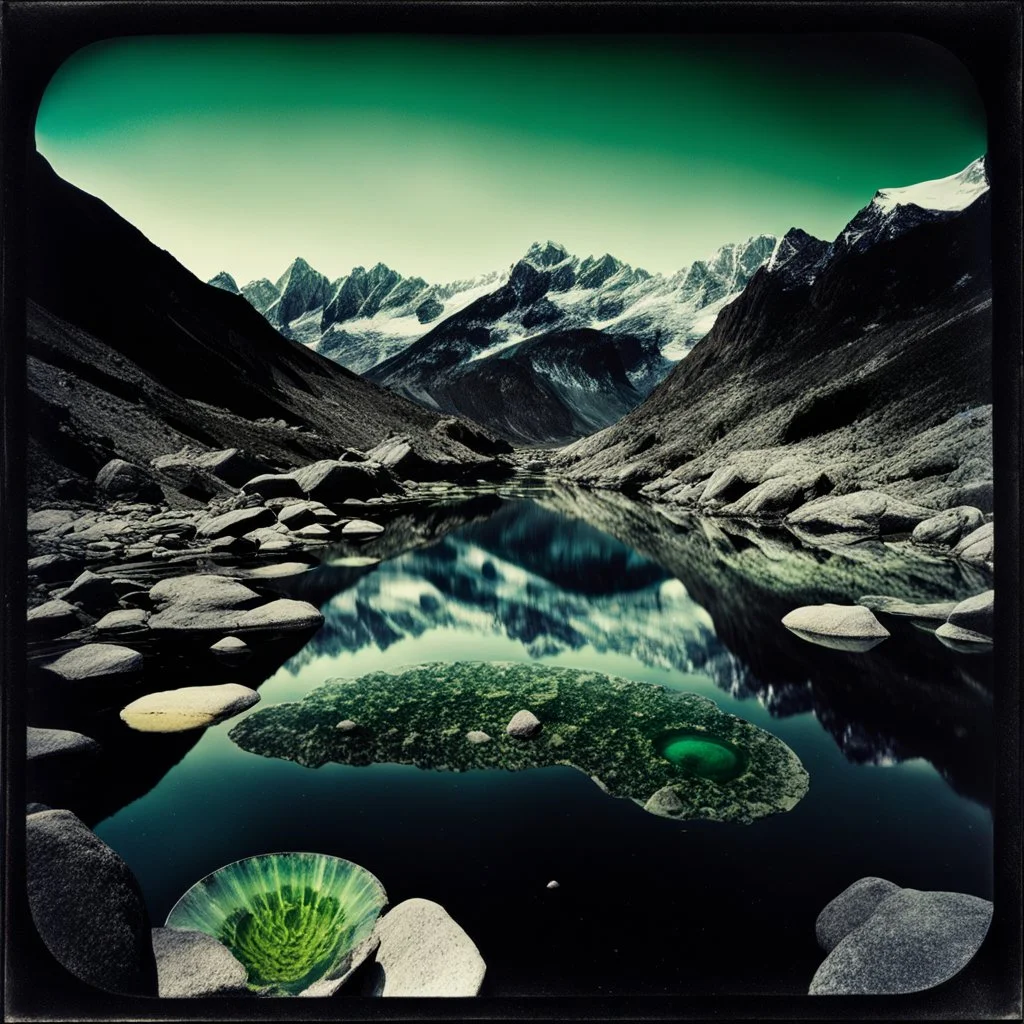 Sublime foto close-up polaroid ad alta definizione di una montagna rocciosa, un lago, surreale, colors, cityscape scifi, collage art, dadaism, sublime, splimapys nero, cielo nero, acqua nera riflette un sole nero, macabre piante circondano il lago, alghe, hypermaximalist, Max Ernst style, strangeness, intricate, hypnotic, obsessive, Yves Tanguy, 8k, deep 3d field, very accentuated details of the rocks and sht frn, eerie, artistic photo, shot on Hasselblad, large format film, medium format film