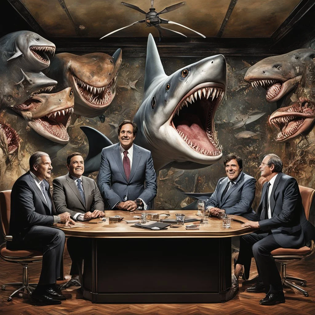 Scary stories of the surreal Shark Tank interview by Mark Cuban, intimidating Mark Cuban behind interviewer desk, Alex Majoli and Joel-Peter Witkin deliver a surreal masterpiece, photorealism, warm hues, weird, creepy, sharp focus, claustrophobic