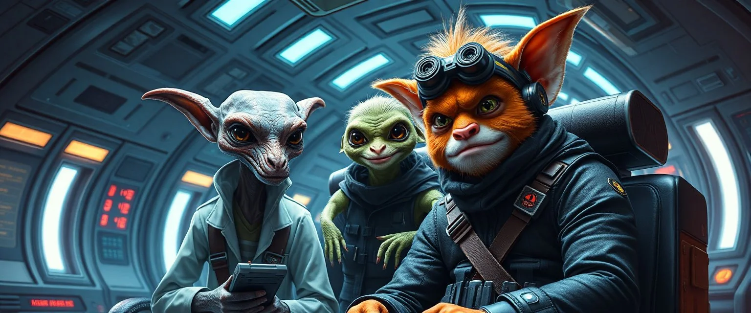 portrait of researcher slender alien rich kobold hill billy fluffy captain pilot focus gremlin cyber punk with two crew members, in sci fi air ship waiting hall, in future dynasty